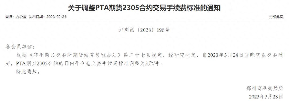 郑商所调整PTA期货2305合约交易手续费标准为3元/手_https://www.shscx.com_PTA_第1张